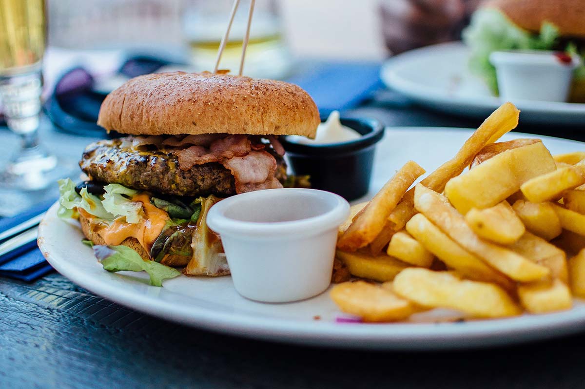 Hamburger and fries at the campsite snack bar in Arvert